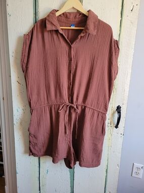 100% Cotton Button-Front Drawstring Romper